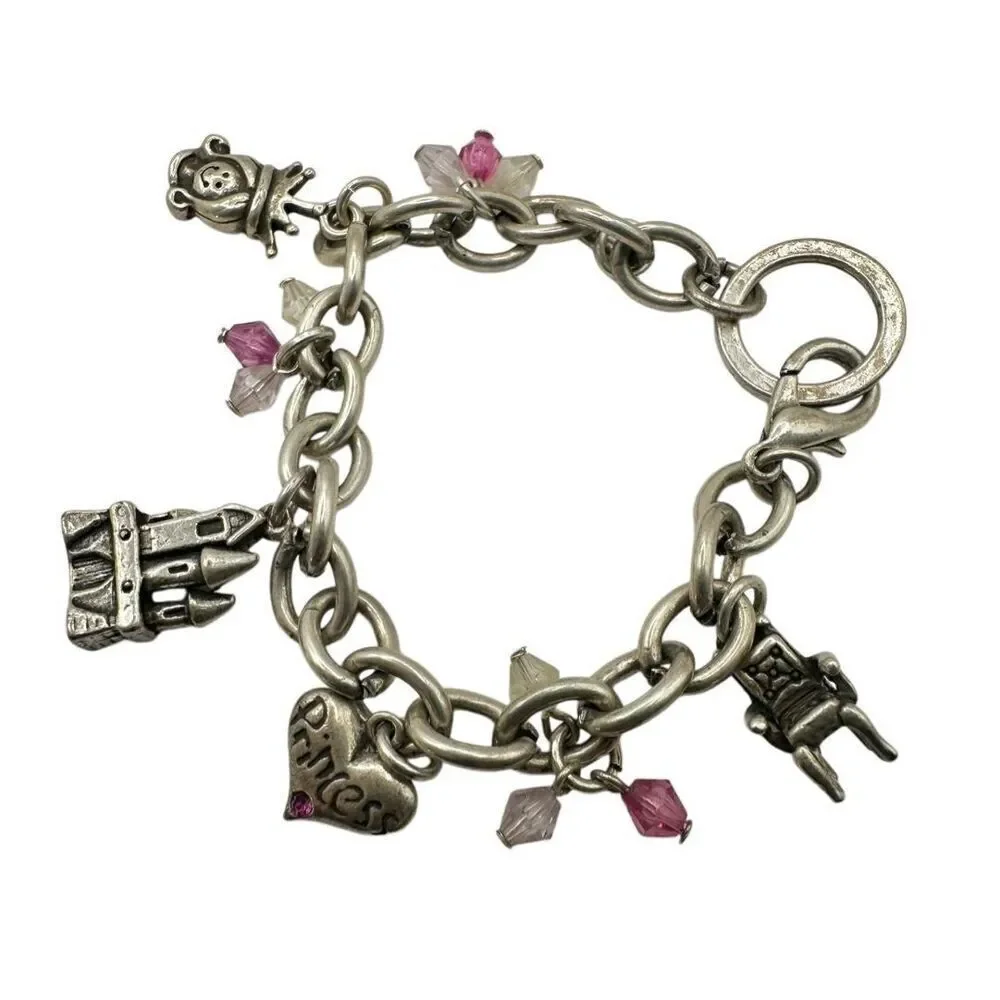 Princess Charm Bracelet Silver Pink Crystal castle  Chair heart princess